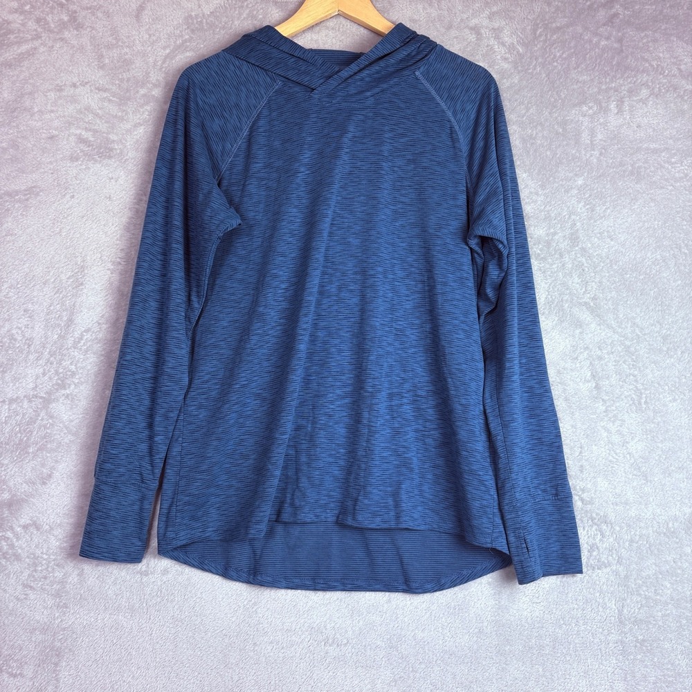 Kuhl Mens Blue Textured Stripe Long Sleeve‎ Pullover Hoodie Thumbholes Large
